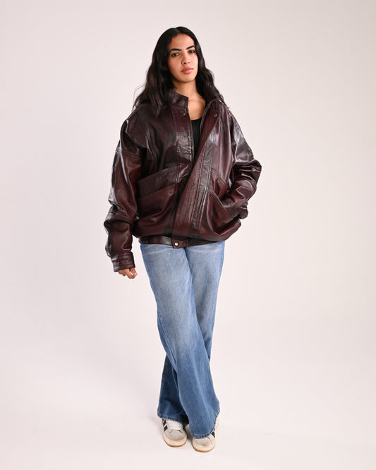 Natural Burgundy Vintage Oversized Leather Jacket (unisex)