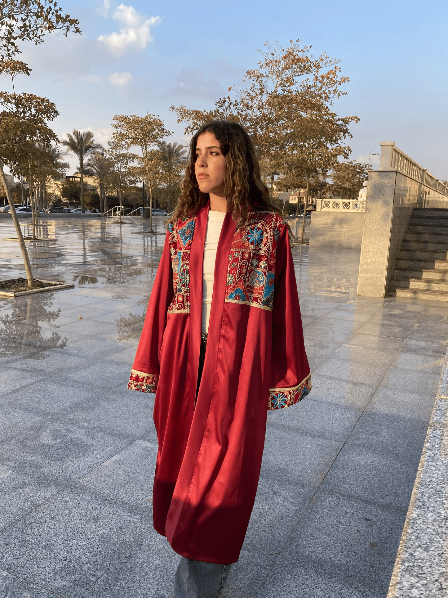 Burgundy Satin Indian Embroidery Kaftan