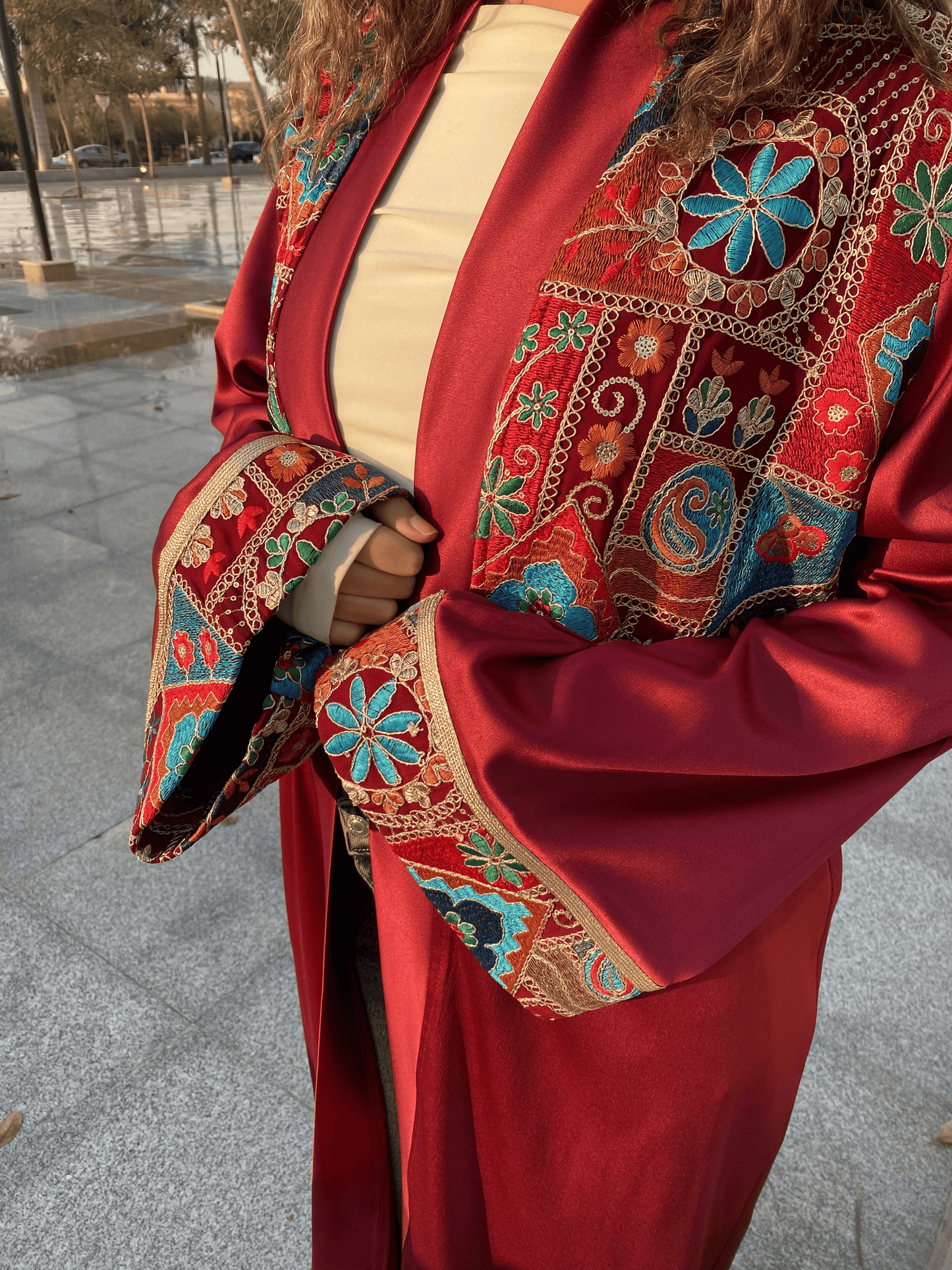 Burgundy Satin Indian Embroidery Kaftan