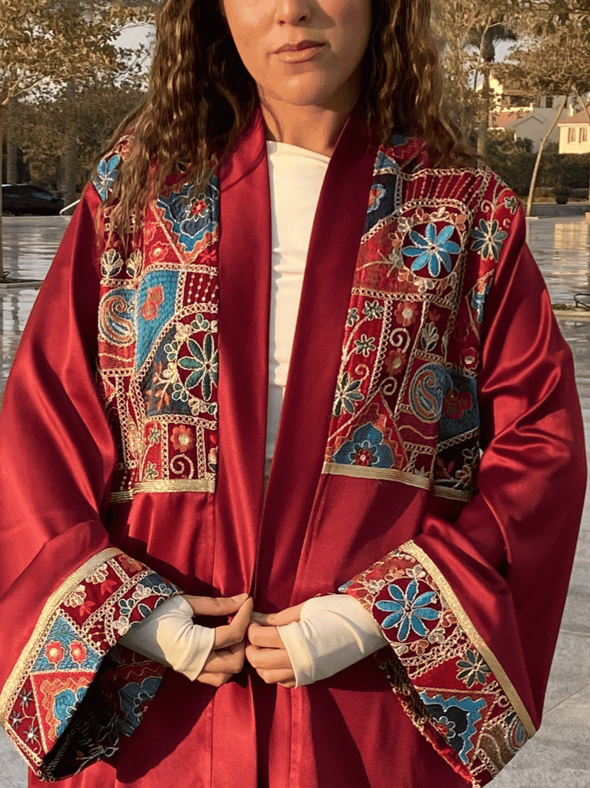 Burgundy Satin Indian Embroidery Kaftan