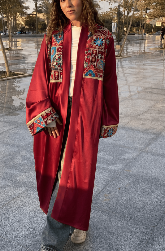 Burgundy Satin Indian Embroidery Kaftan